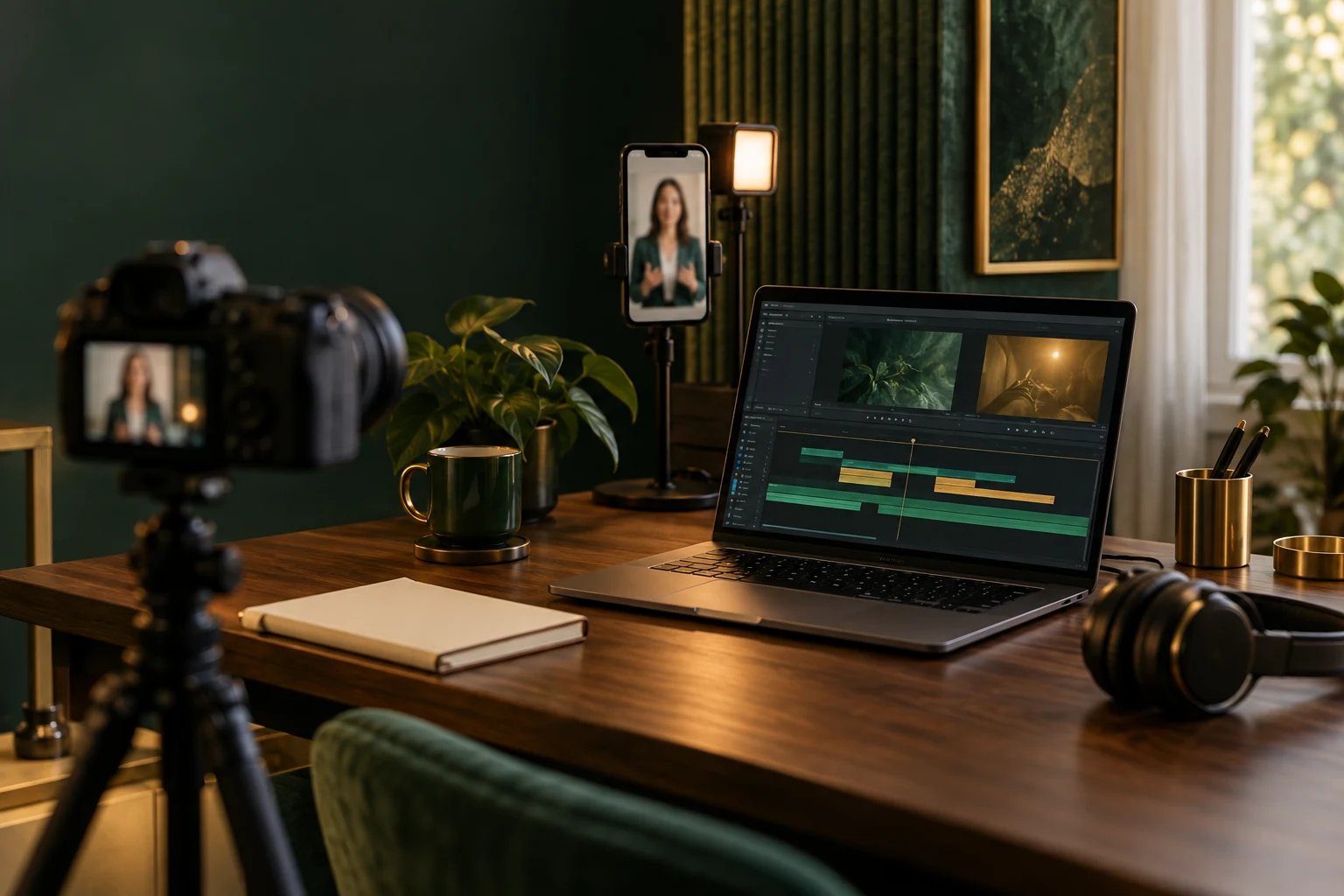 Illustrative professional recording and editing workspace with camera, smartphone and video timeline